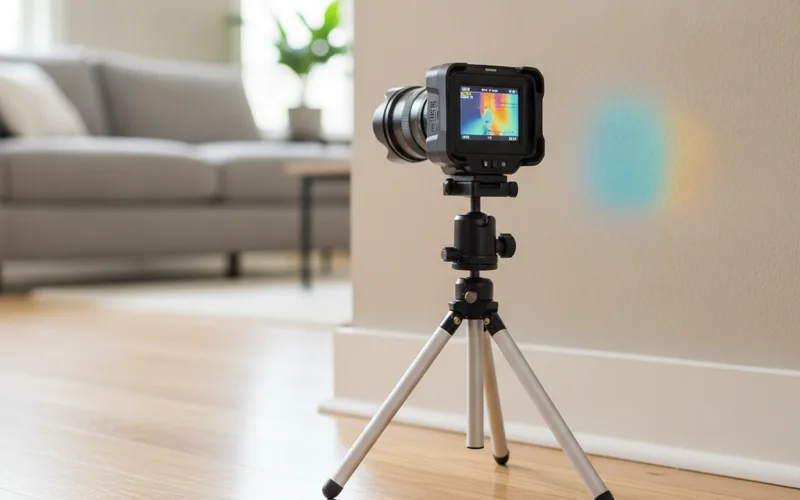 Thermal imaging camera detecting a hidden water leak in a wall